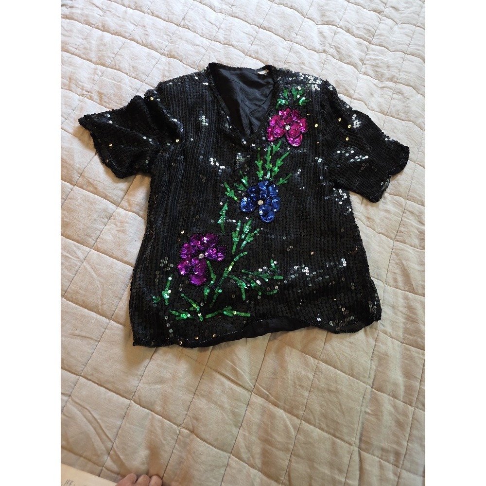 Vintage Floral Motif Black Sequin Top Petite Small